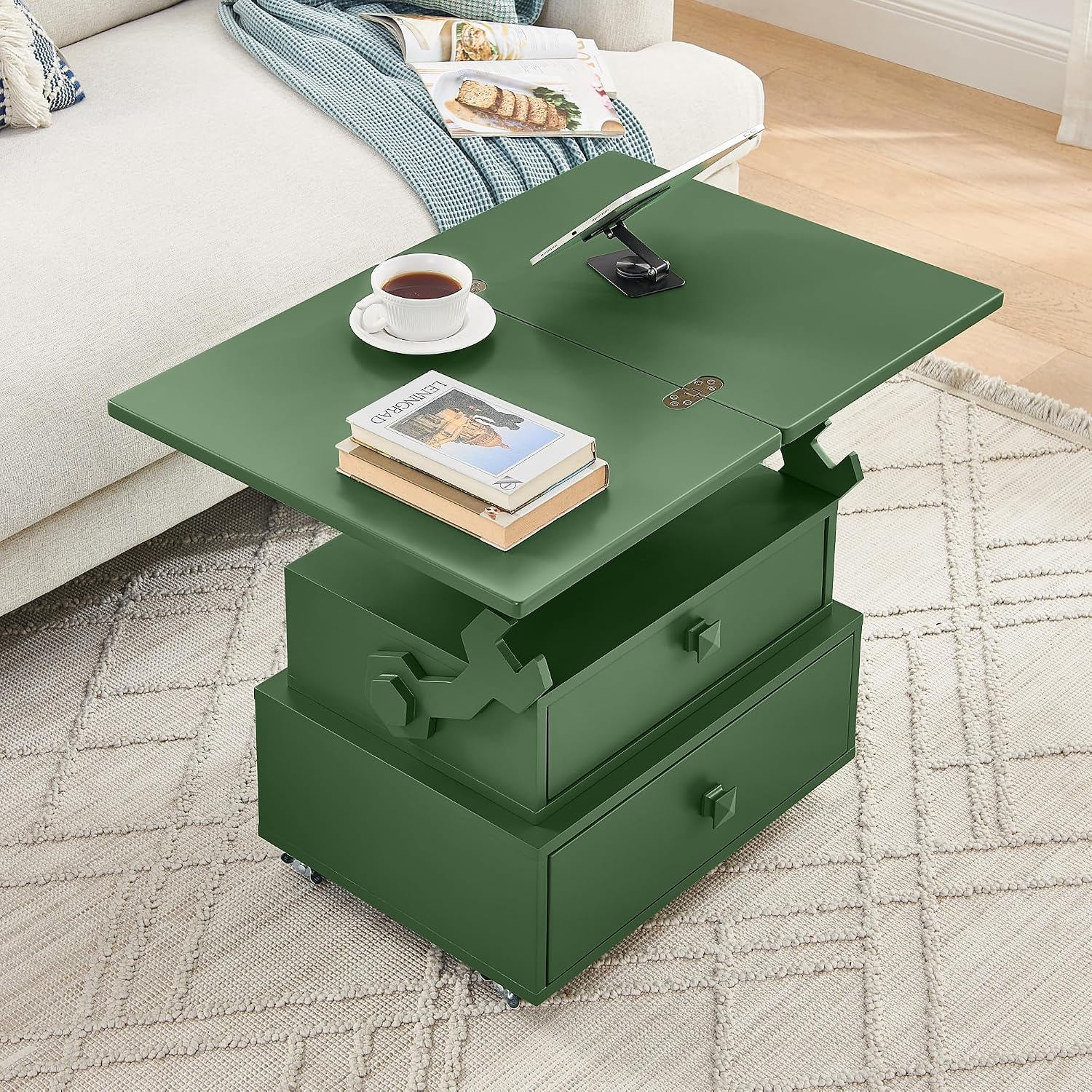 Polibi Multi-Functional Lift Top Side Table with USB Ports and AC Outlets, Height Adjustable Rolling End Table with Drawers, Flip-Top, Lockable Casters, High-Gloss for Small Spaces (Green)