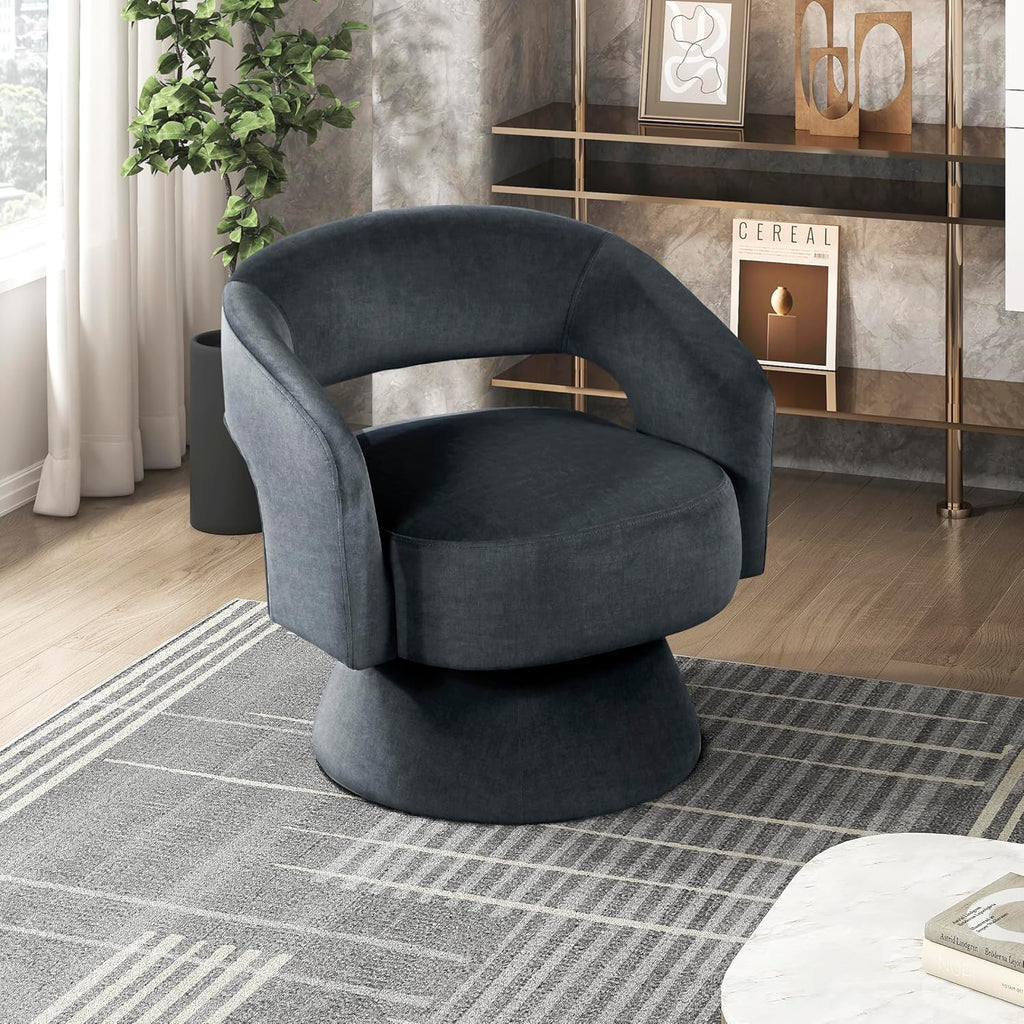 Lexicon 360 Degree Swivel Accent Chair, Modern Comfy Velvet Round Barrel Chair, Open Back, Plush Foam Cushions, Metal Swivel Base for Living Room/Bedroom/Office/Small Spaces, Dark Gray