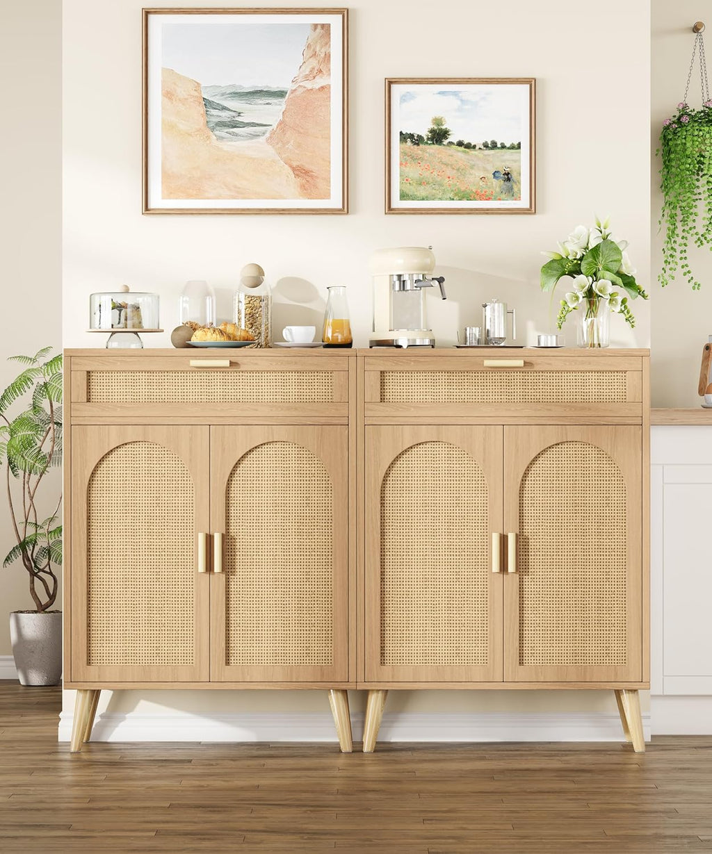 Rattan Sideboard Buffet Cabinet with Storage, Boho Sideboard with Drawer & Adjustable Shelf, Kitchen Floor Cabinet with 2 Doors & Solid Wood Feet, Coffee Bar for Entryway, Living Room, Natural Oak