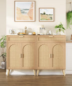 Rattan Sideboard Buffet Cabinet with Storage, Boho Sideboard with Drawer & Adjustable Shelf, Kitchen Floor Cabinet with 2 Doors & Solid Wood Feet, Coffee Bar for Entryway, Living Room, Natural Oak