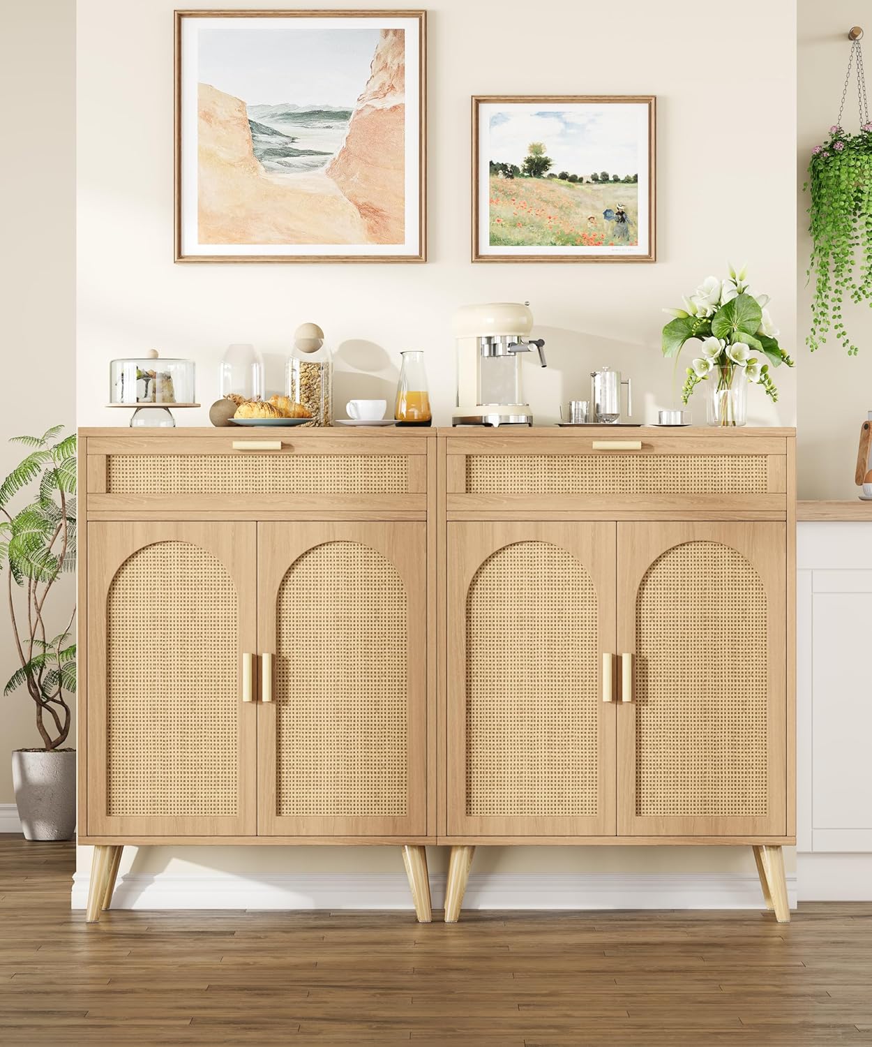 Rattan Sideboard Buffet Cabinet with Storage, Boho Sideboard with Drawer & Adjustable Shelf, Kitchen Floor Cabinet with 2 Doors & Solid Wood Feet, Coffee Bar for Entryway, Living Room, Natural Oak