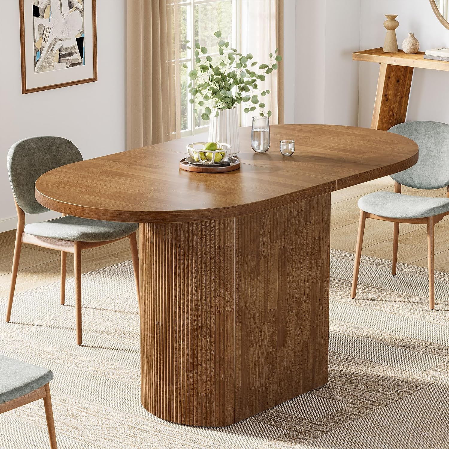 Tribesigns 47.24" Oval Dining Table, Rustic Wooden Kitchen Table with Wooden Base for 4, Small Farmhouse Dinner Table for Home Dining Room, Kitchen, Living Room, Brown