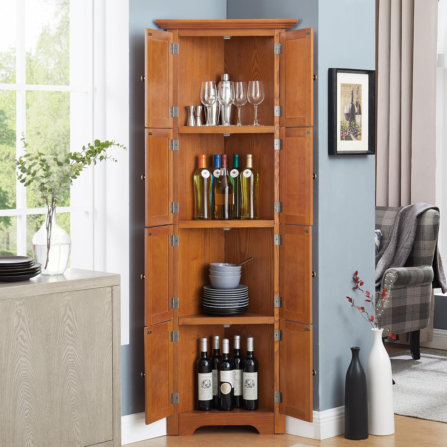 4-Tier Corner Kitchen Pantry Storage Cabinet with Shelves, 72" Tall Kitchen Storage Cabinets with 8 Doors, Narrow Pantry Cabinet with Space Saving, Storage Floor Cabinet for Place (Oak)