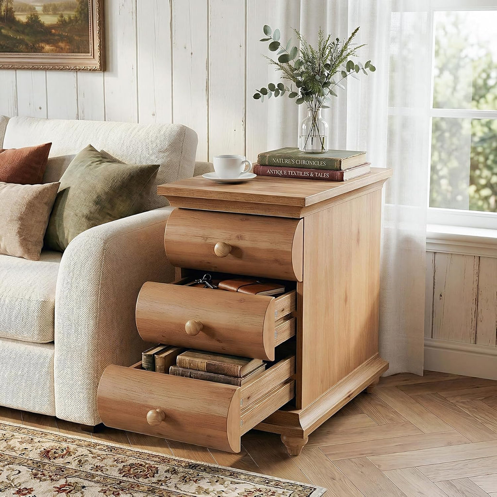 Solid Wood End Table, 3 Drawers Narrow Sofa Side Table with Finished Back, Rustic Slim Nightstand Bedside Table for Bedroom, Living Room, Small Space