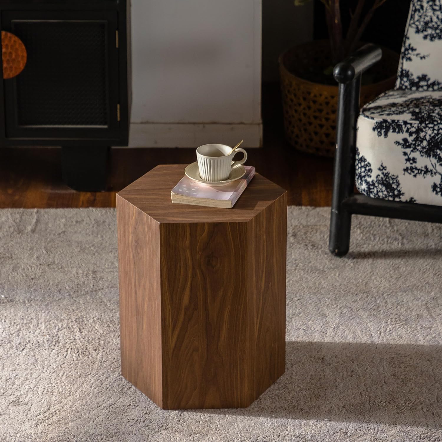 15.75'' Hexagon Side Table End Table for Living Room, Wood Grain, No Assembly, Walnut
