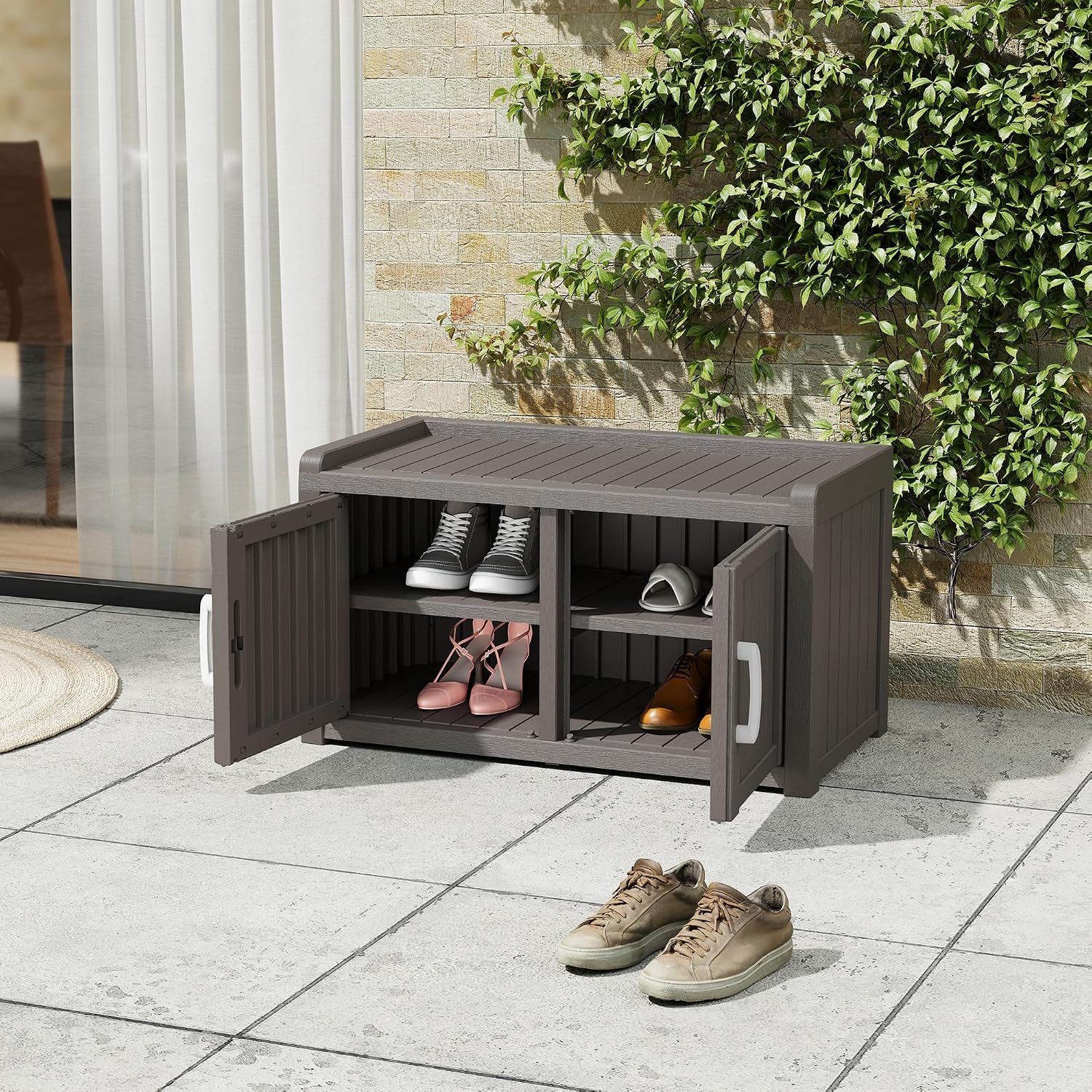 Outdoor Shoe Bench, Waterproof UV-Resistant Indoor Resin Shoe Cabinet, Entryway Shoe Storage with 2 Doors, Living Room, Bedroom, Gray (Two-Door)
