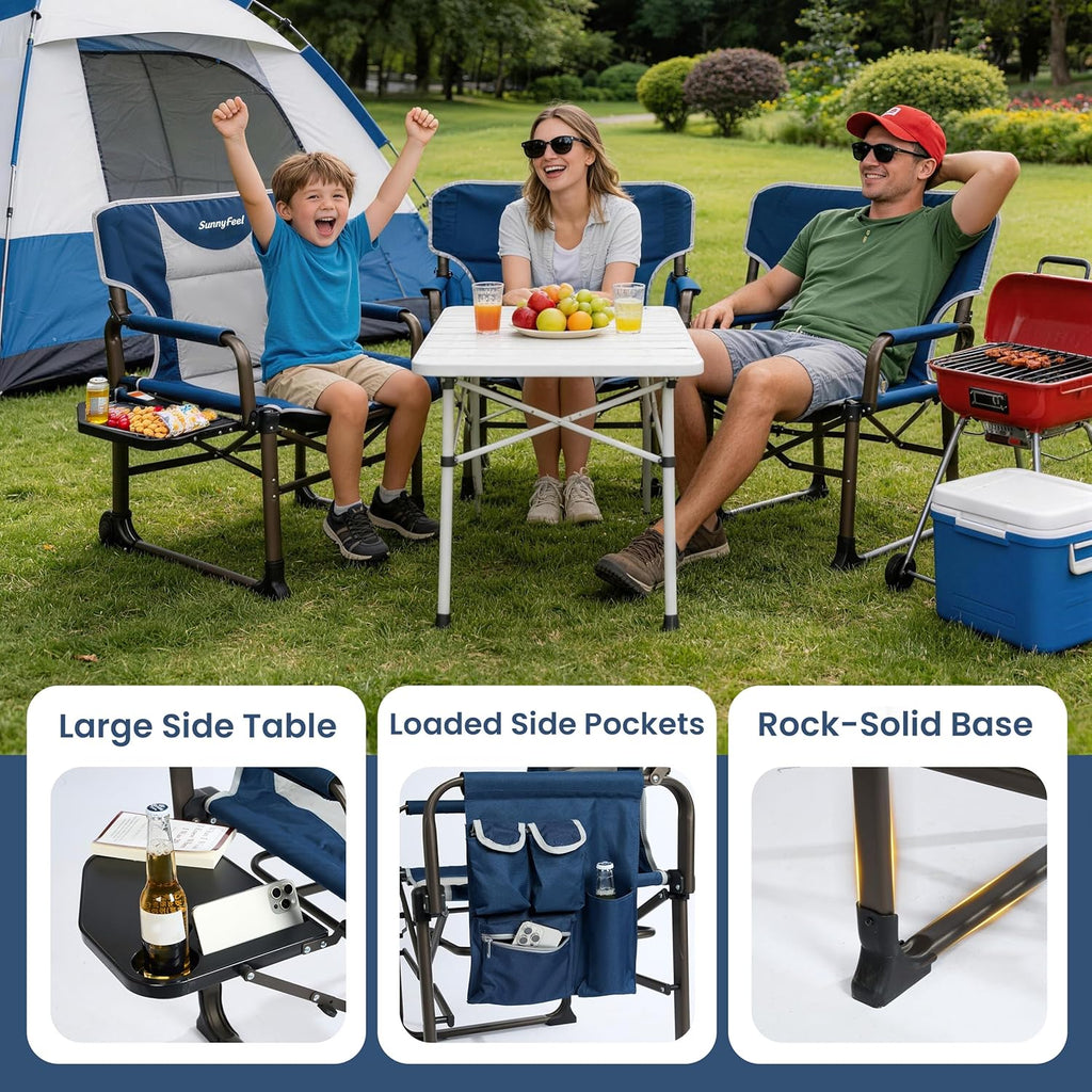SUNNYFEEL Oversized Camping Directors Chair 2 Pack Portable Foldable Camp Chair for Adults Support 600lbs with Side Pocket and Side Table for Beach, Fishing, Trip, Picnic, Lawn, Outdoor Blue