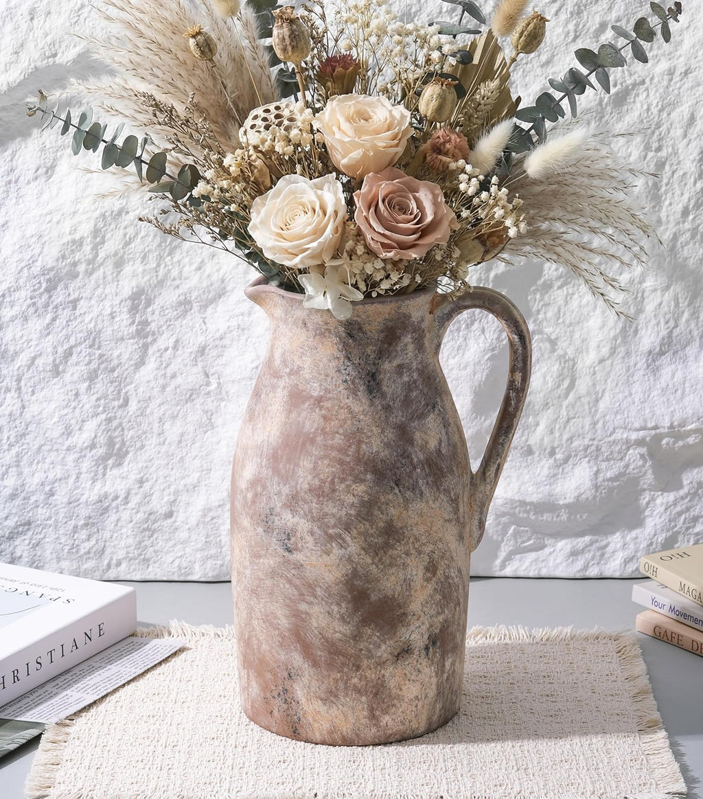 Ceramic Flower Vase with Handles,11" Neutral Tall Clay Terracotta Vases Farmhouse Table Vases with Handle Living Room Decor Rustic Pottery Pots for Home Shelf Coffee Dining Desk Fireplace