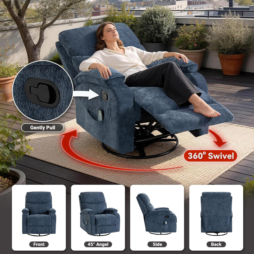 360° Swivel Rocking Recliner Chair, Massage Lazy Boy Recliner, Small Spaces Recliner for Living Room, Bedroom and Nursery, Navy Blue Chenille