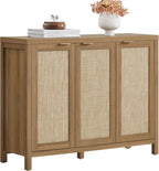 SICOTAS Rattan Buffet Cabinet with Storage 43.5" Sideboard Cabinet with 3 Doors & Adjustable Shelves Wood Sideboard Credenza Storage Cabinets for Entryway Living Room Reclaimed Caramel Oak