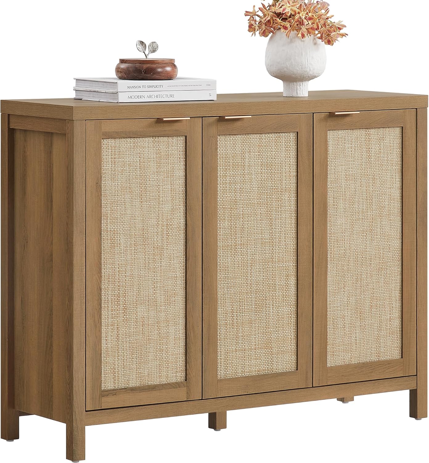 SICOTAS Rattan Buffet Cabinet with Storage 43.5" Sideboard Cabinet with 3 Doors & Adjustable Shelves Wood Sideboard Credenza Storage Cabinets for Entryway Living Room Reclaimed Caramel Oak