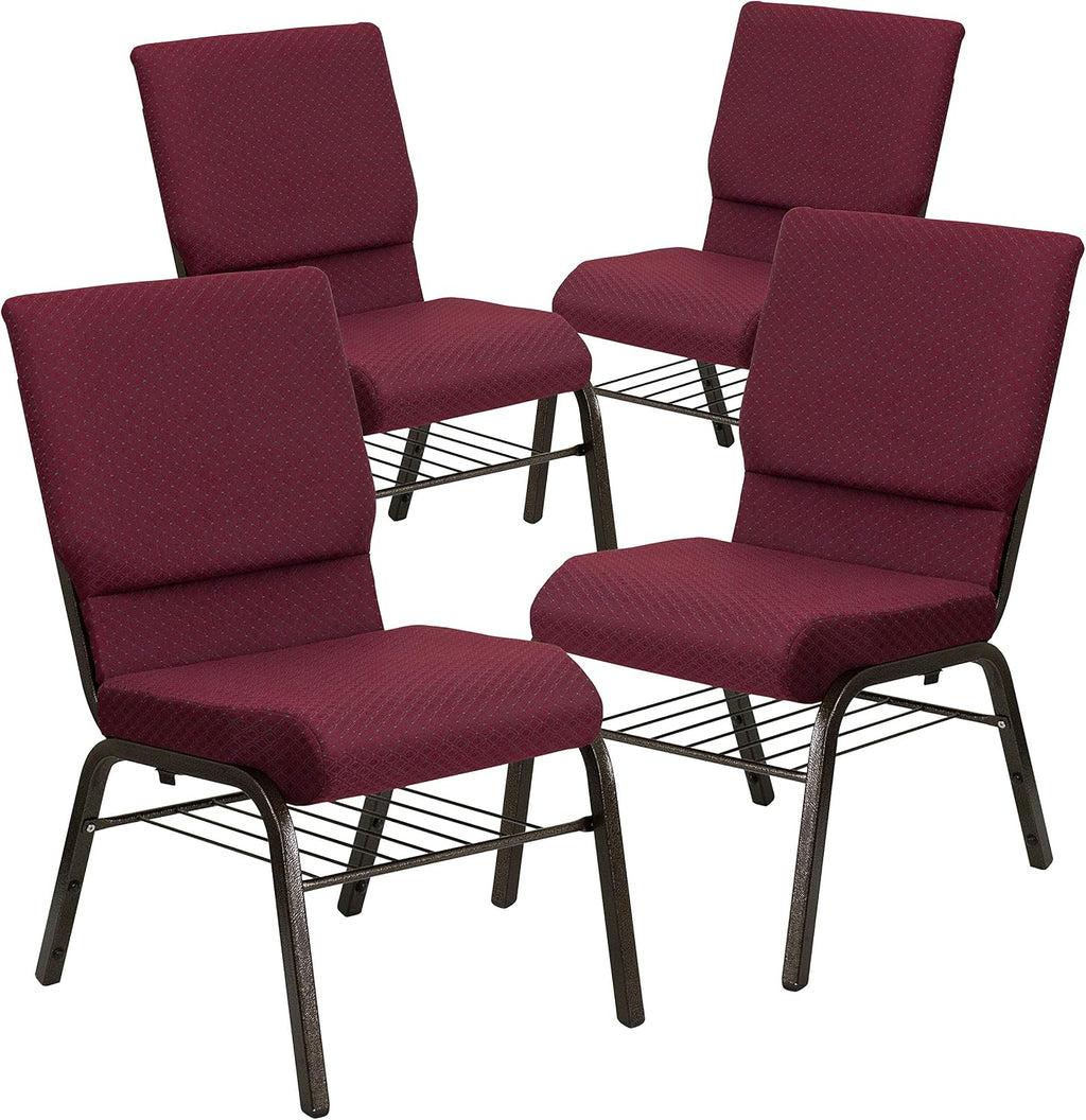 Flash Furniture 4 Pack HERCULES Series 18.5''W Church Chair in Burgundy Patterned Fabric with Book Rack - Gold Vein Frame