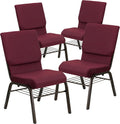 Flash Furniture 4 Pack HERCULES Series 18.5''W Church Chair in Burgundy Patterned Fabric with Book Rack - Gold Vein Frame