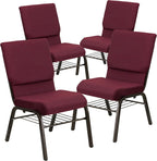 Flash Furniture 4 Pack HERCULES Series 18.5''W Church Chair in Burgundy Patterned Fabric with Book Rack - Gold Vein Frame