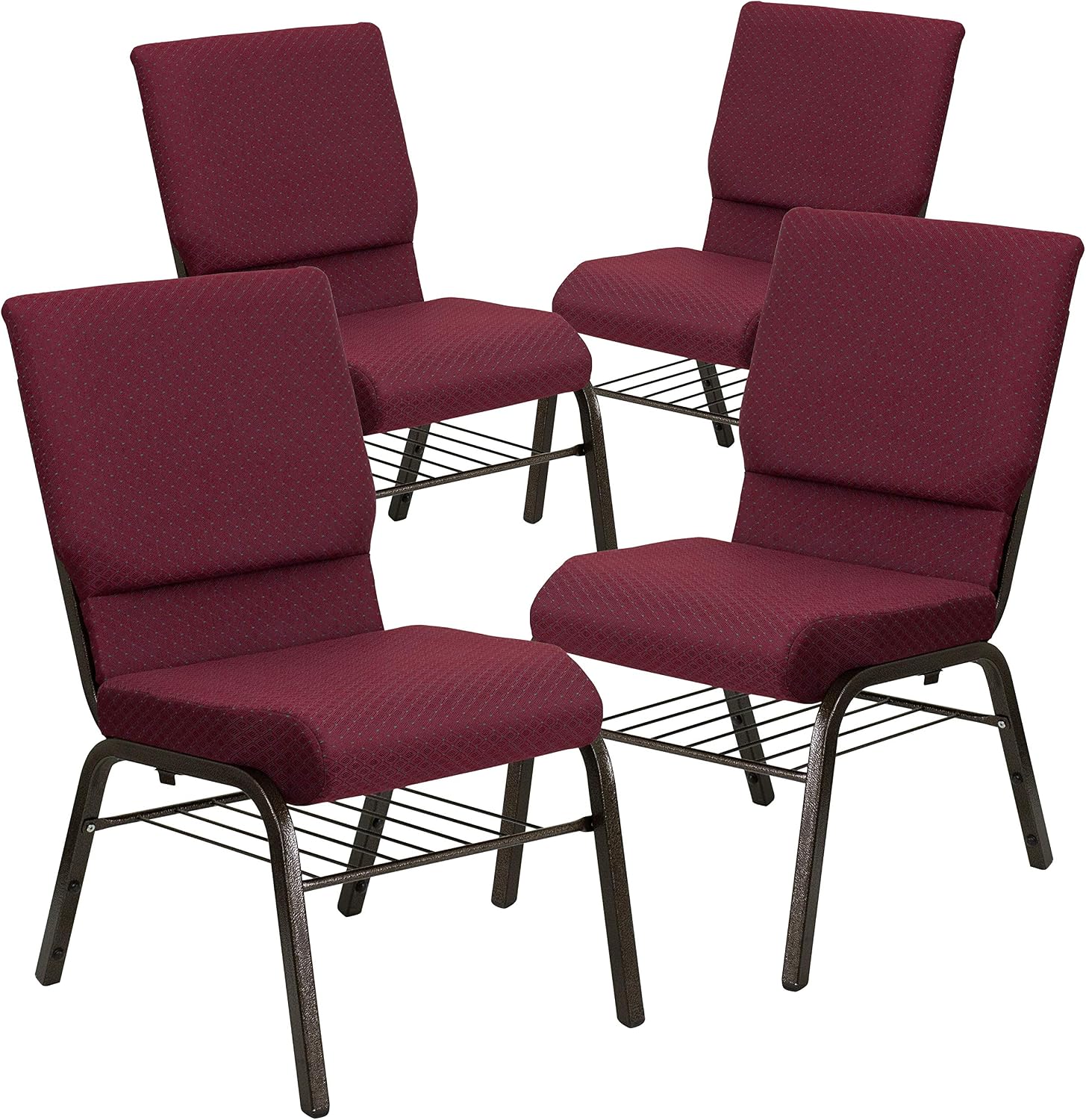 Flash Furniture 4 Pack HERCULES Series 18.5''W Church Chair in Burgundy Patterned Fabric with Book Rack - Gold Vein Frame