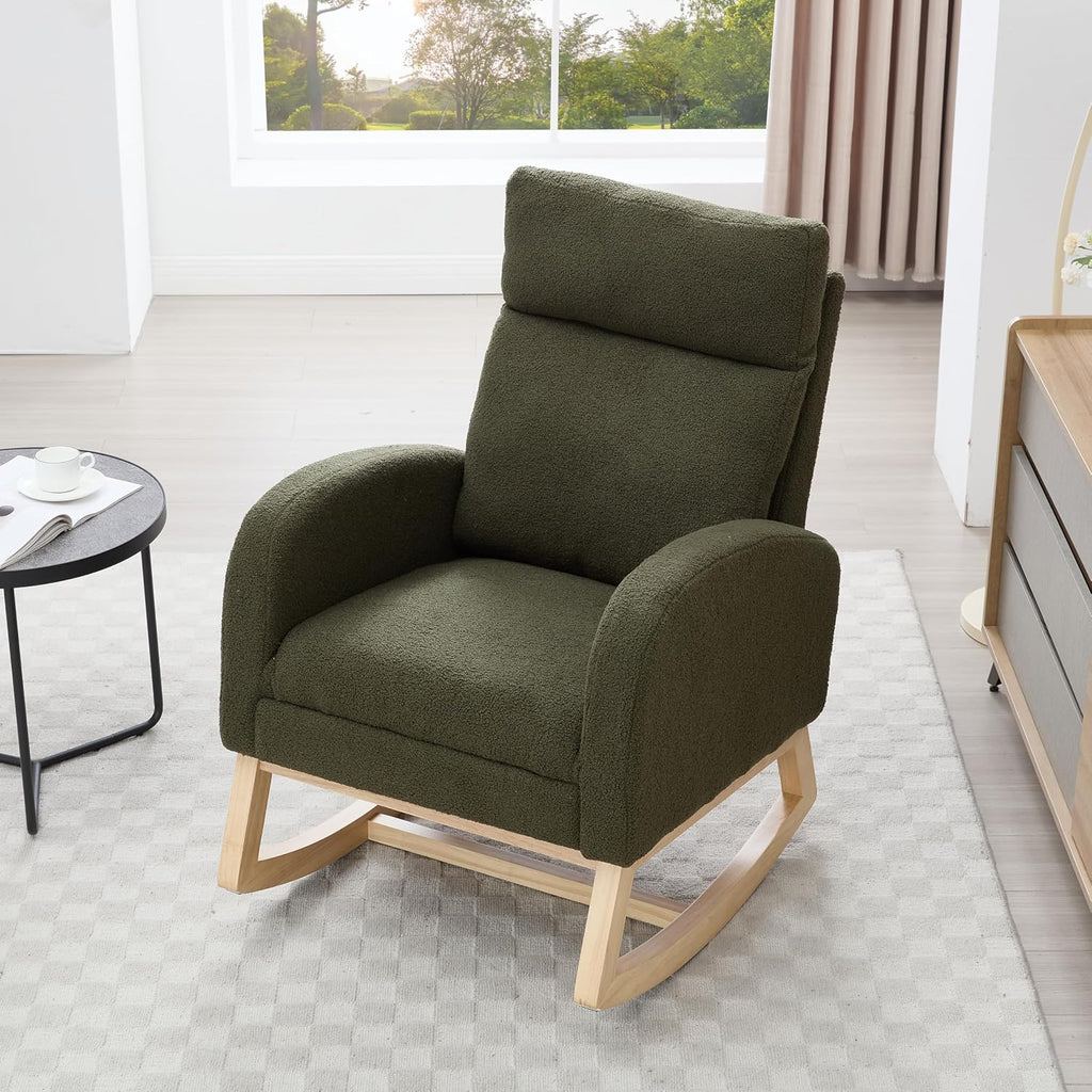 Nursery Rocking Chair, Teddy Fabric Leisure Rocking Chair with Adjustable Footstool, Thickened Headrest and High Backrest, Storage Pocket On The Right Side for Living Room Bedroom Offices, Green