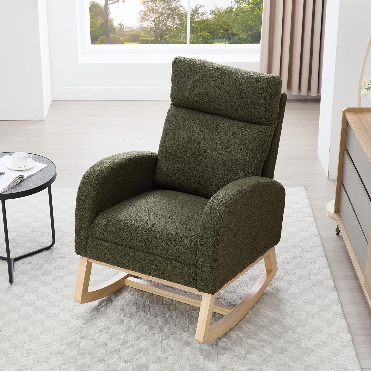 Nursery Rocking Chair, Teddy Fabric Leisure Rocking Chair with Adjustable Footstool, Thickened Headrest and High Backrest, Storage Pocket On The Right Side for Living Room Bedroom Offices, Green