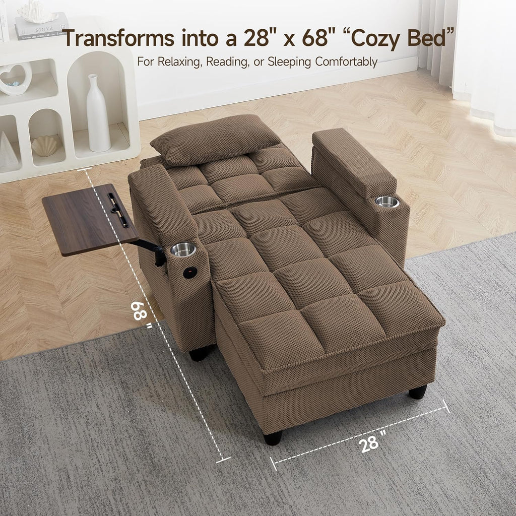 41.7" Oversized Living Room Chair, Convertible Chaise Lounge Chair Indoor with Adjustable Backrest, Deep Seat Accent Reading Chair with Armrest Storage, Swivel Side Table & Cup Holders for Bedroom