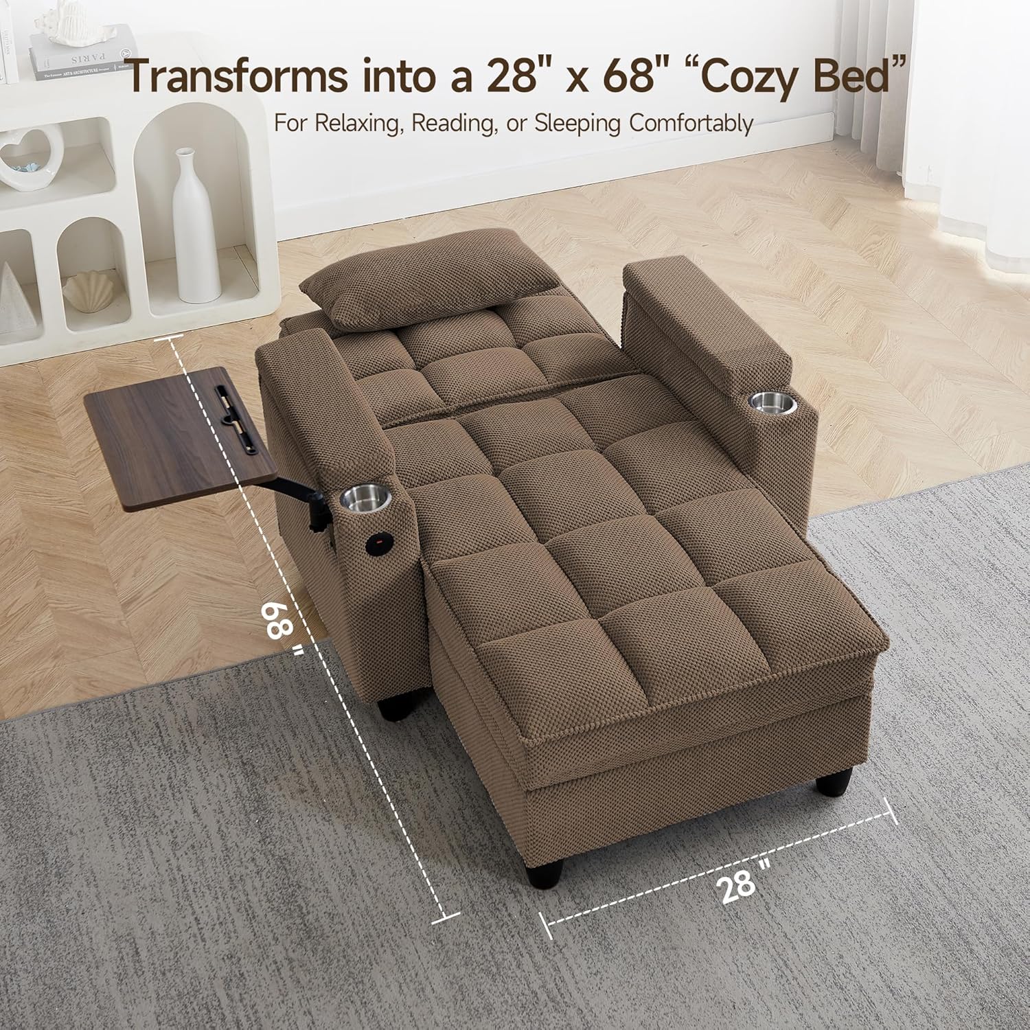 41.7" Oversized Living Room Chair, Convertible Chaise Lounge Chair Indoor with Adjustable Backrest, Deep Seat Accent Reading Chair with Armrest Storage, Swivel Side Table & Cup Holders for Bedroom