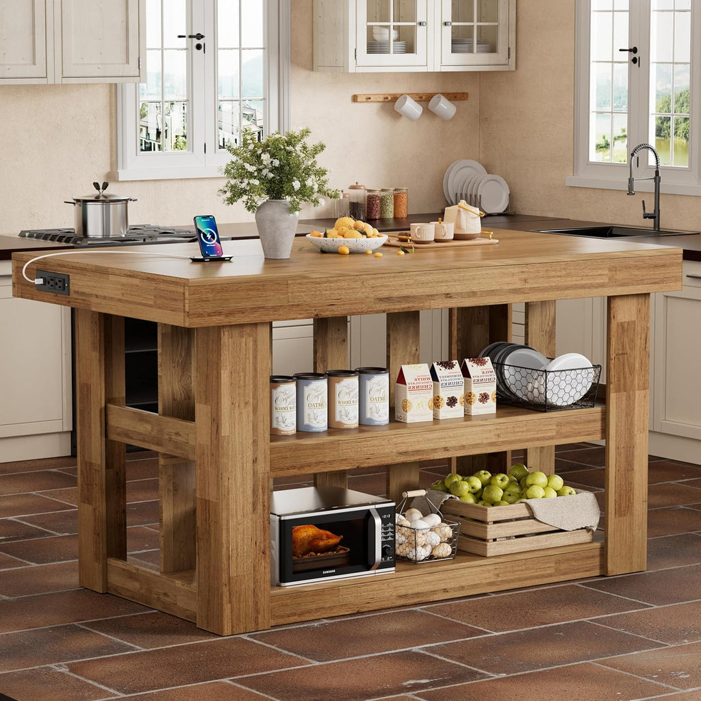 PAKASEPT 55" Kitchen Island with Storage, 3-Tier Farmhouse Wood Island Table with Power Outlets,Shelves for Kitchen, Dining Table for 4,Dining Room,Living Room,Home Bar,Brown