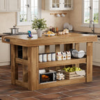PAKASEPT 55" Kitchen Island with Storage, 3-Tier Farmhouse Wood Island Table with Power Outlets,Shelves for Kitchen, Dining Table for 4,Dining Room,Living Room,Home Bar,Brown