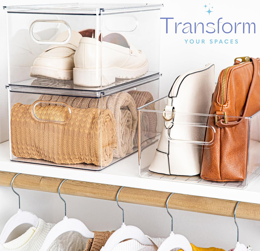 primebox Plastic Clear Stackable Storage Bins with Lids. Great for Pantry or Kitchen Organization. Fridge Organizer Containers. Cabinet, Bathroom Organizer. 6 Pack