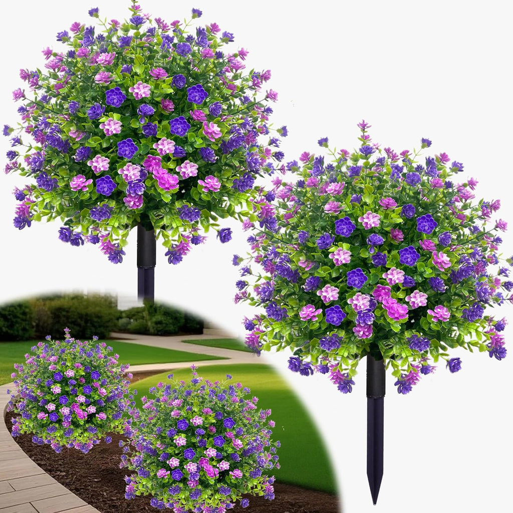 2 Pack Artificial Boxwood Topiary Ball Trees with Spikes, Outdoor UV Resistant Fake Plants Flowers, Faux Bushes Shrubs Greenery for Planters Yard Porch Pathway Office Balcony Decor - Purple