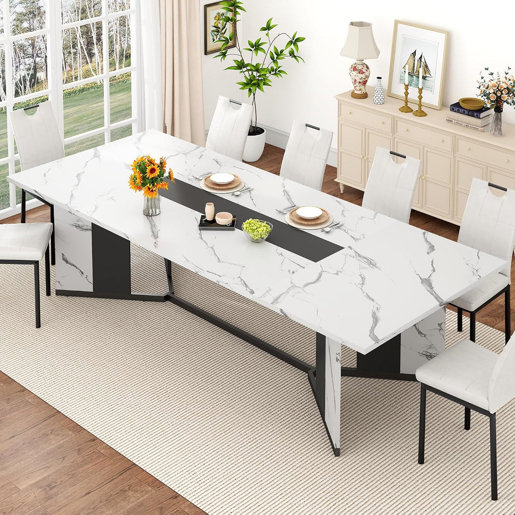 7-Piece Dining Table Set for 8 10 People, 94" Large Long Wooden Kitchen Table with 6 Cushion Chairs W/Waterproof Tabletop, Farmhouse Rectangular Dinner Table for Dining Room,Kitchen,Easy Clean