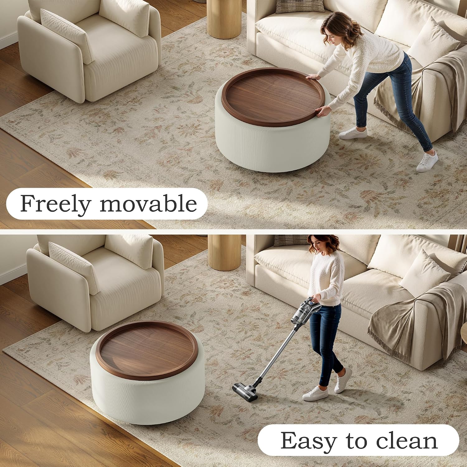 Round Storage Ottoman Coffee Table with Walnut Tray, 30'' Round Ottoman with Storage, Modern Upholstered Coffee Table with with 4 Casters for Living Room, Linen Fabric, Beige