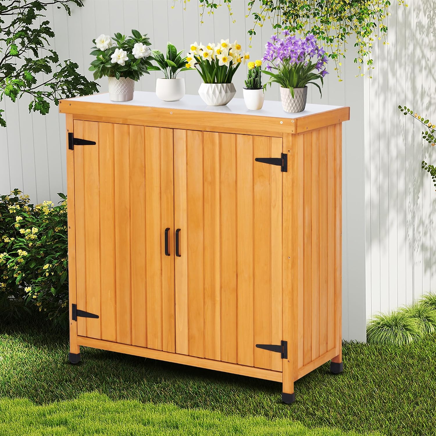 Potting Bench Table, Wooden Storage Cabinet with Removable Shelf, Metal-Plated Tabletop, Light Brown, 36x31x19 in, for Backyard Patio Lawn Gardening