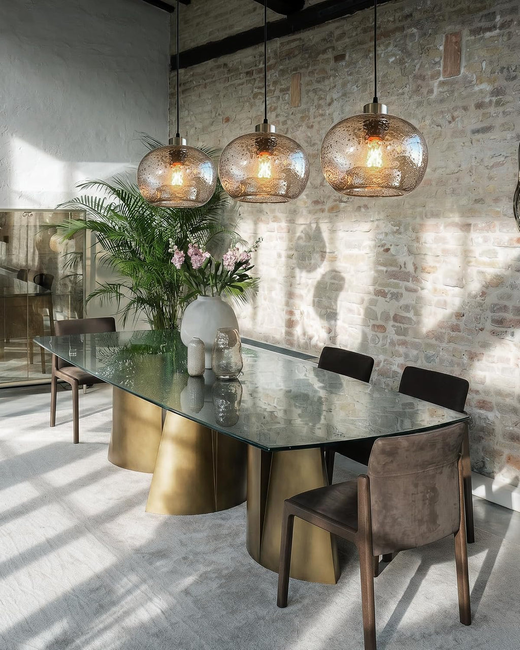 CASAMOTION Hand Blown Clear Glass Pendant Lights with Black Marble, Modern Rustic Kitchen Island Ceiling Hanging Light Fixtures for Dining Room Table Bedroom, Oval Globe 8.7 Inch Diameter, 2 Pack
