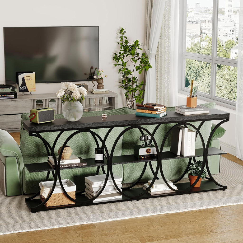 Garvee 39" Narrow Console Tables for Entryway, Industrial 3-Tier Sofa Table with Round Metal Base and Storage Shelves for Living Room, Hallway, Foyer, Black Wood Grain