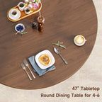 Round Dining Table for 4-6 Seats, 47" Circle Kitchen Table with Storage Drawer, Modern Mid-Century Pedestal Dinner Tables, Fluted Wood Base, Space Saving Dining Room Furniture for Family Party, Walnut
