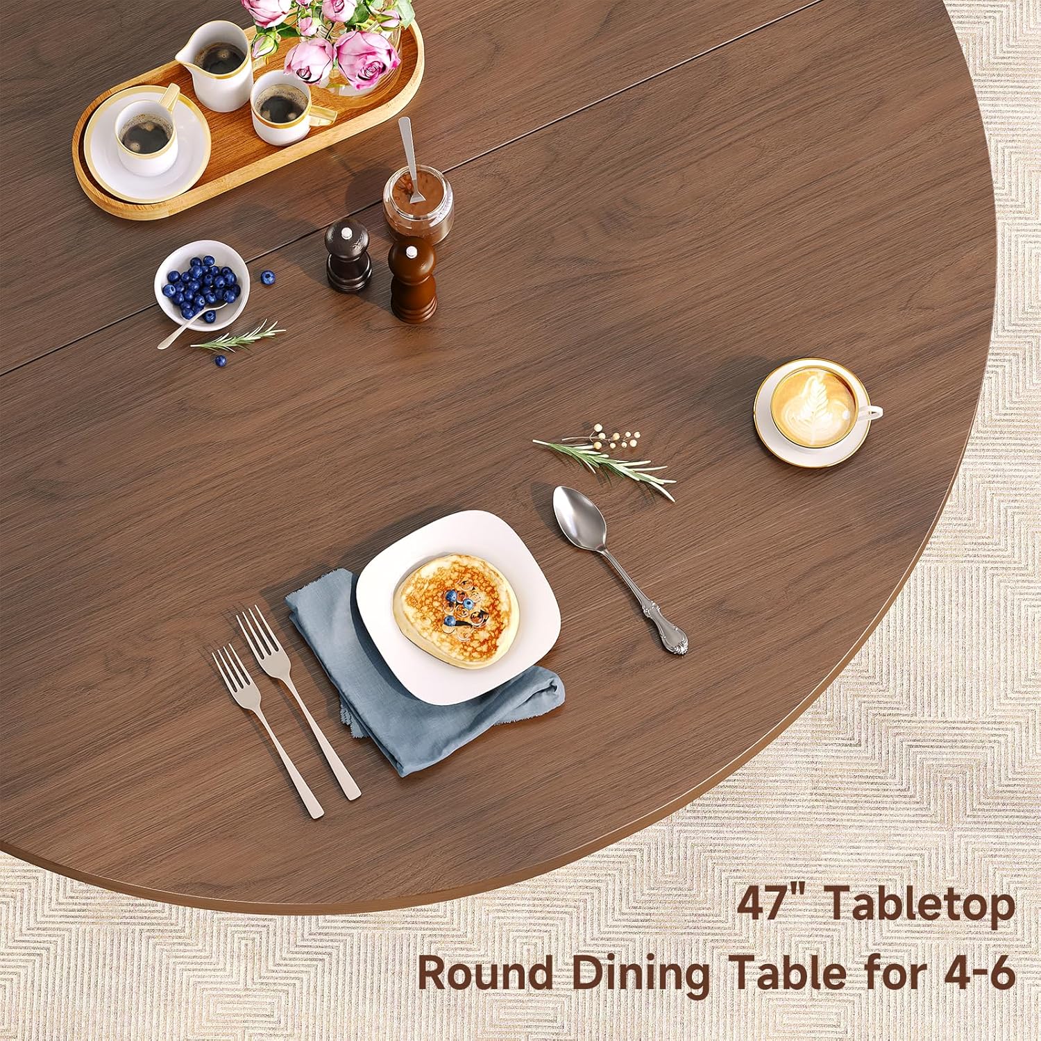 Round Dining Table for 4-6 Seats, 47" Circle Kitchen Table with Storage Drawer, Modern Mid-Century Pedestal Dinner Tables, Fluted Wood Base, Space Saving Dining Room Furniture for Family Party, Walnut
