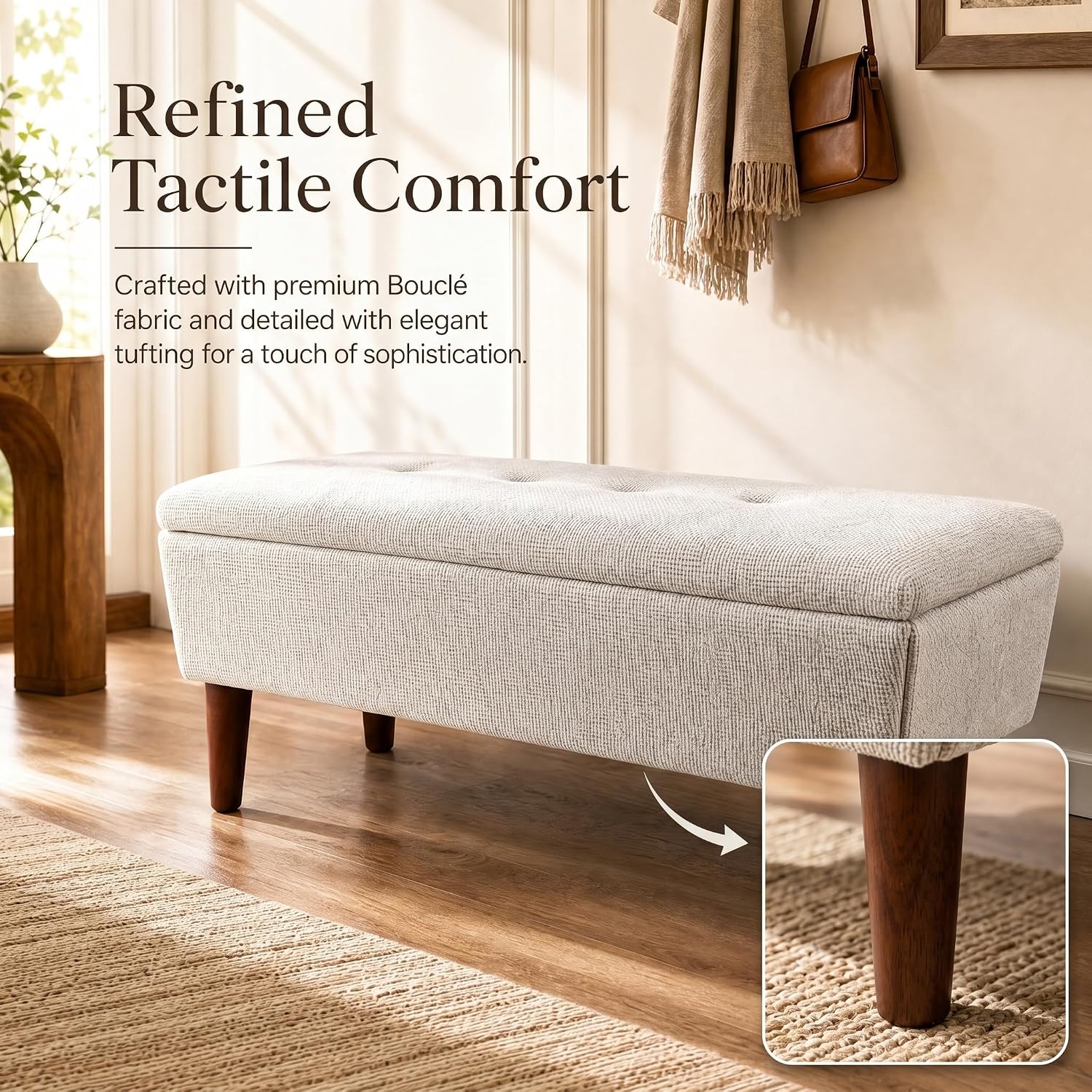 42" Rectangular Linen Ottoman Bench, Modern Low Footrest Stool with Solid Wood Tapered Legs, Multi-Use Entryway Shoe Bench & End of Bed Bench for Living Room/Bedroom