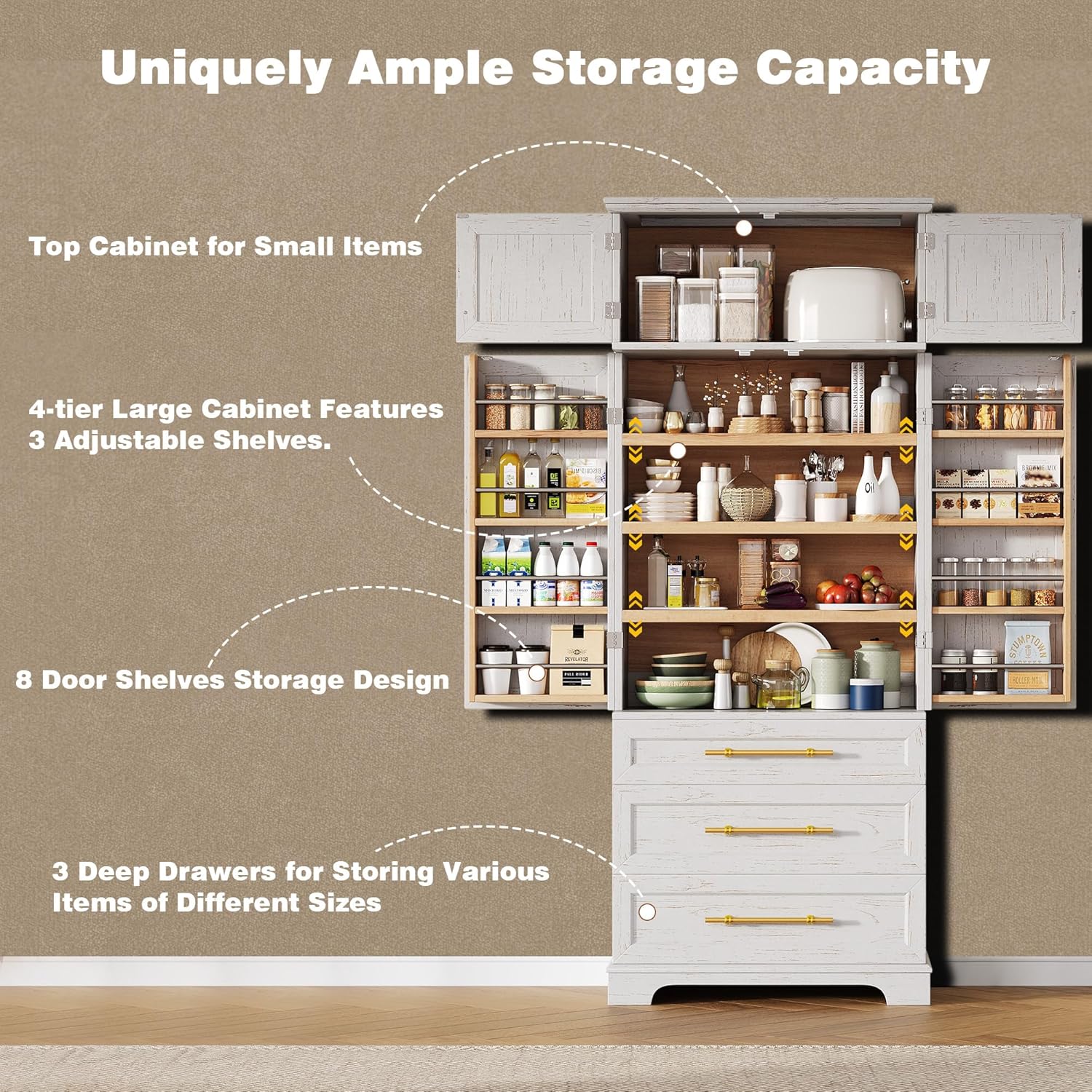 78.2" Tall Farmhouse Kitchen Pantry Cabinet with 8 Door Shelves, Storage Cabinet with 3 Adjustable Shelves, 3 Large Drawers, Versatile Cupboard for Kitchen, Dining & Bathroom (White, 4 doors)