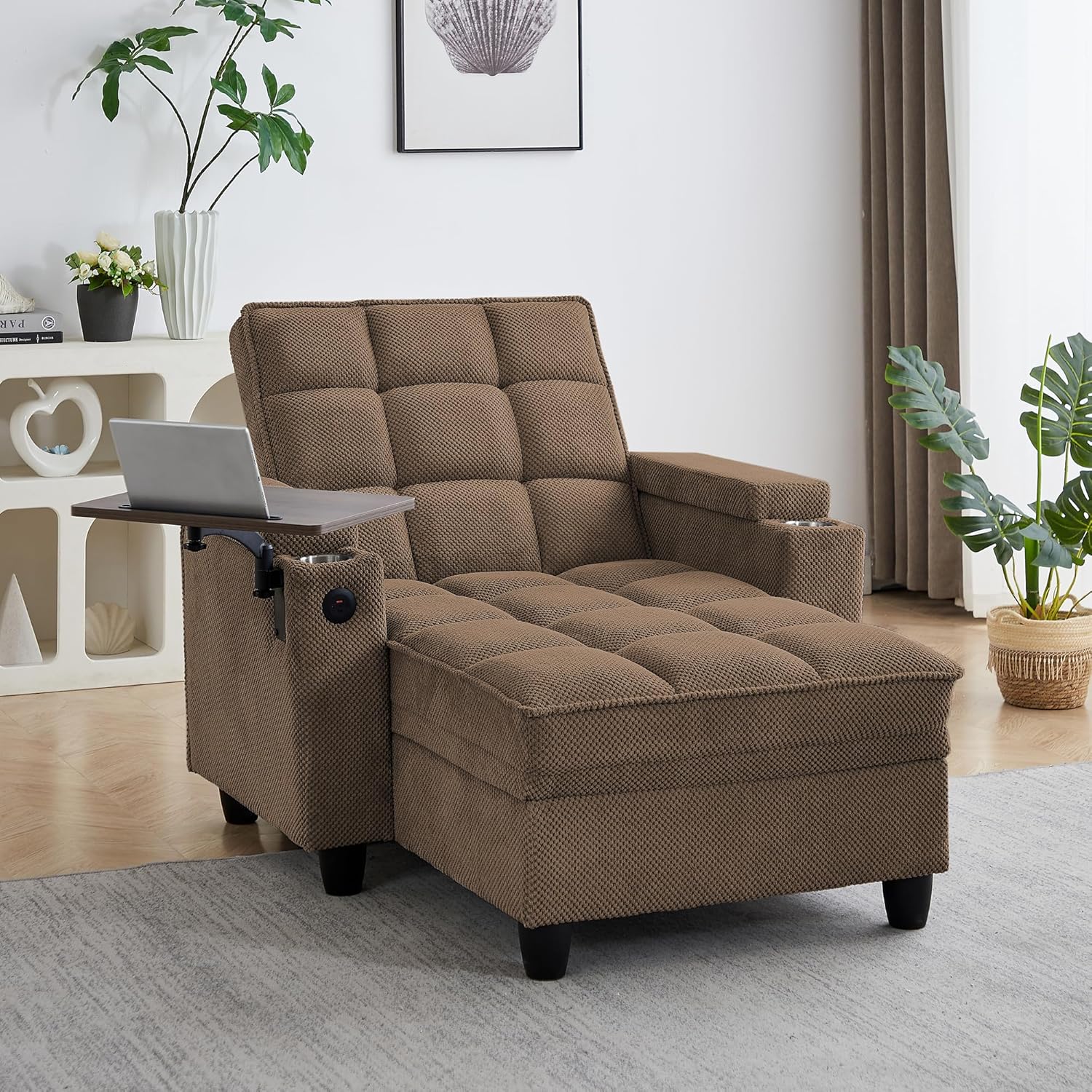 41.7" Oversized Living Room Chair, Convertible Chaise Lounge Chair Indoor with Adjustable Backrest, Deep Seat Accent Reading Chair with Armrest Storage, Swivel Side Table & Cup Holders for Bedroom