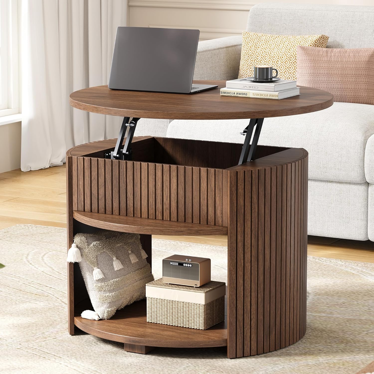 Decofy Round Lift Top Coffee Table with Storage, Fluted Mid-Century Modern Coffee Tables for Living Room, with Hidden Compartment & Open Shelves, for Small Spaces & Home Office(26.77" Walnut)