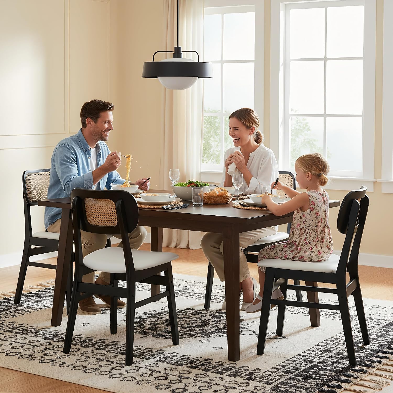 ROCITY Rattan Dining Chairs Set of 6 Black Wooden Dining Room Chairs White Faux Leather Kitchen Chairs with Back Farmhouse Side Chairs, Natural Wood