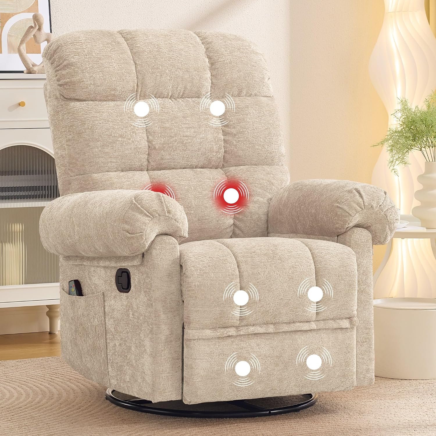 Korser 360° Swivel Rocker Recliner Chair, Rocking Chair Nursery with Massage and Heat, Small Recliners for Small Space, Manual Recliner Chair with Cozy Chenille Fabric, Side Pockets for Living Room