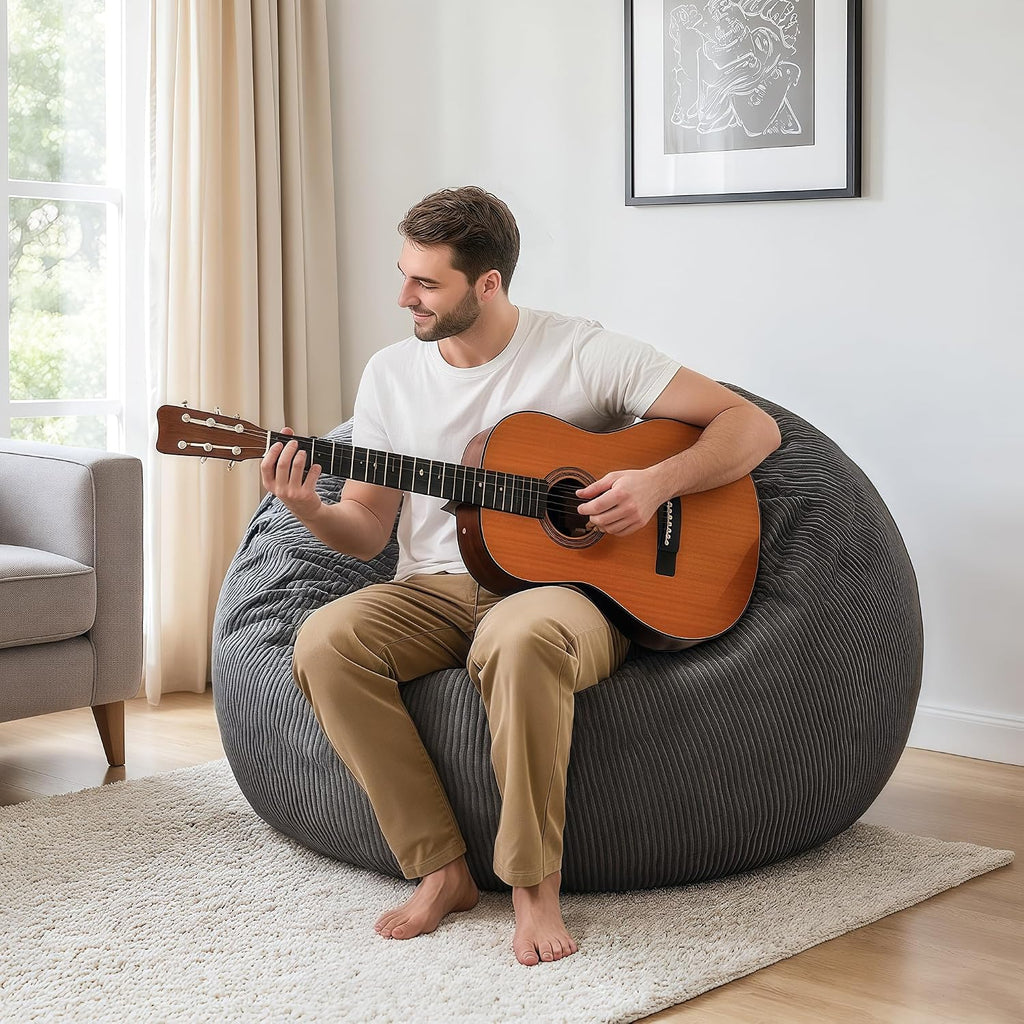 CangLong Large Bean Bag Chair with Filler, Plush Fluffy Shell Design Lounger for Adults, Ergonomic Reading Gaming Chair for Bedroom, Living Room, Dorm, Game - Dark Grey, 400lbs Support