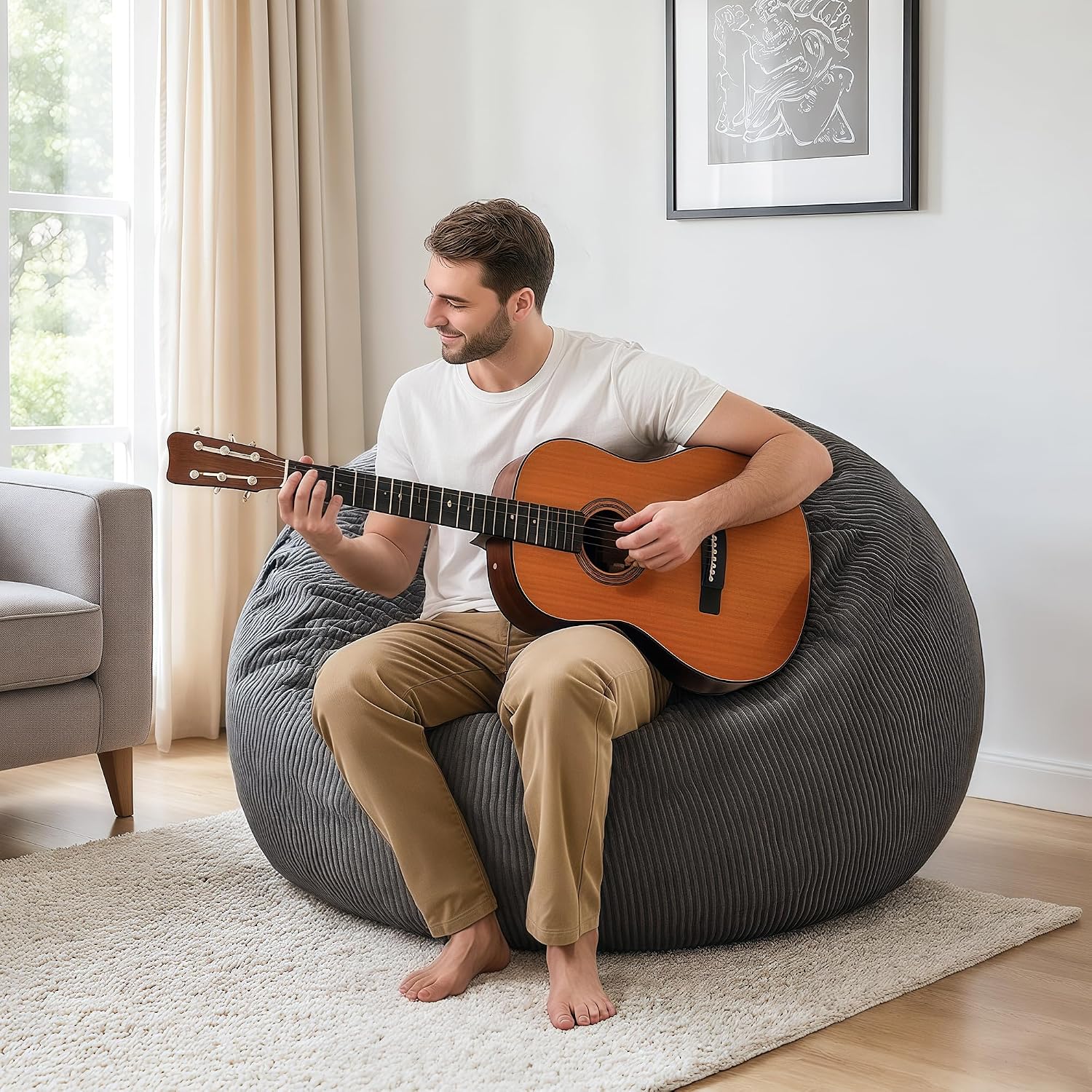 CangLong Large Bean Bag Chair with Filler, Plush Fluffy Shell Design Lounger for Adults, Ergonomic Reading Gaming Chair for Bedroom, Living Room, Dorm, Game - Dark Grey, 400lbs Support
