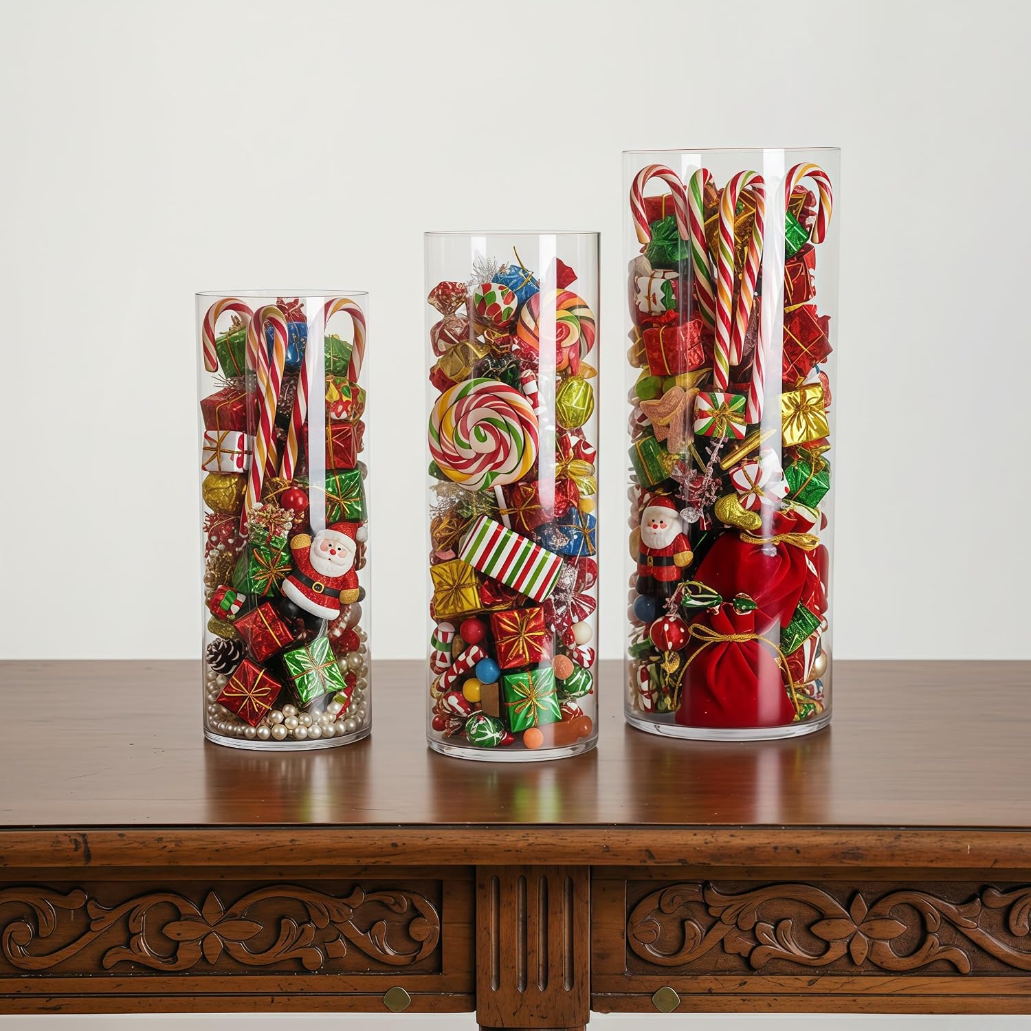 Extra Large Acrylic Cylinder Clear Vase for Floor, Tall Big Wide Mouth Plastic Unbreakable Hurricane Flower Vases of 3 for Home Decor (D 8" X H 19.7", D 6", D 4.8" + 2 Holder)