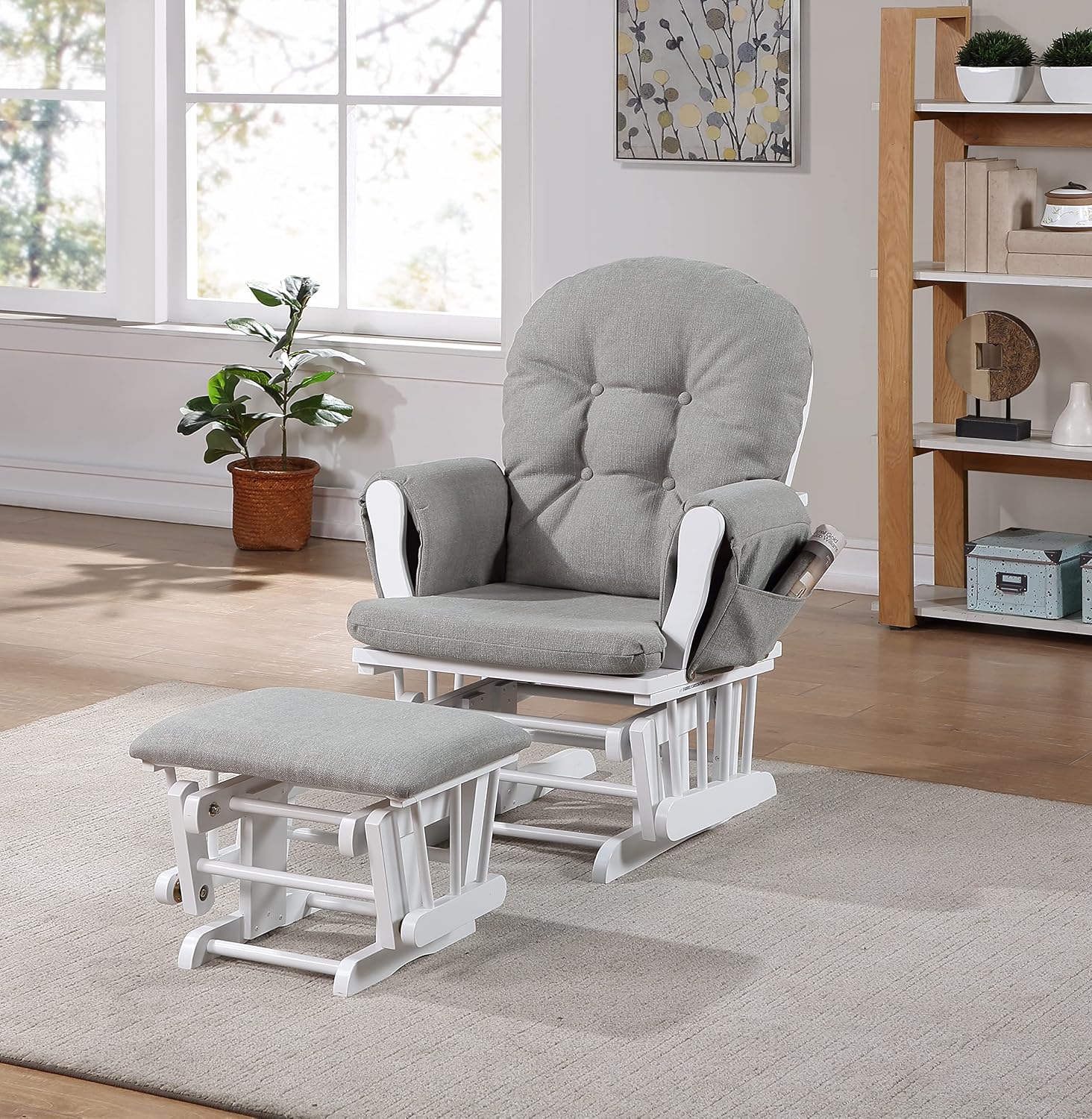 Glider and Ottoman White Wood and Oyster Fabric