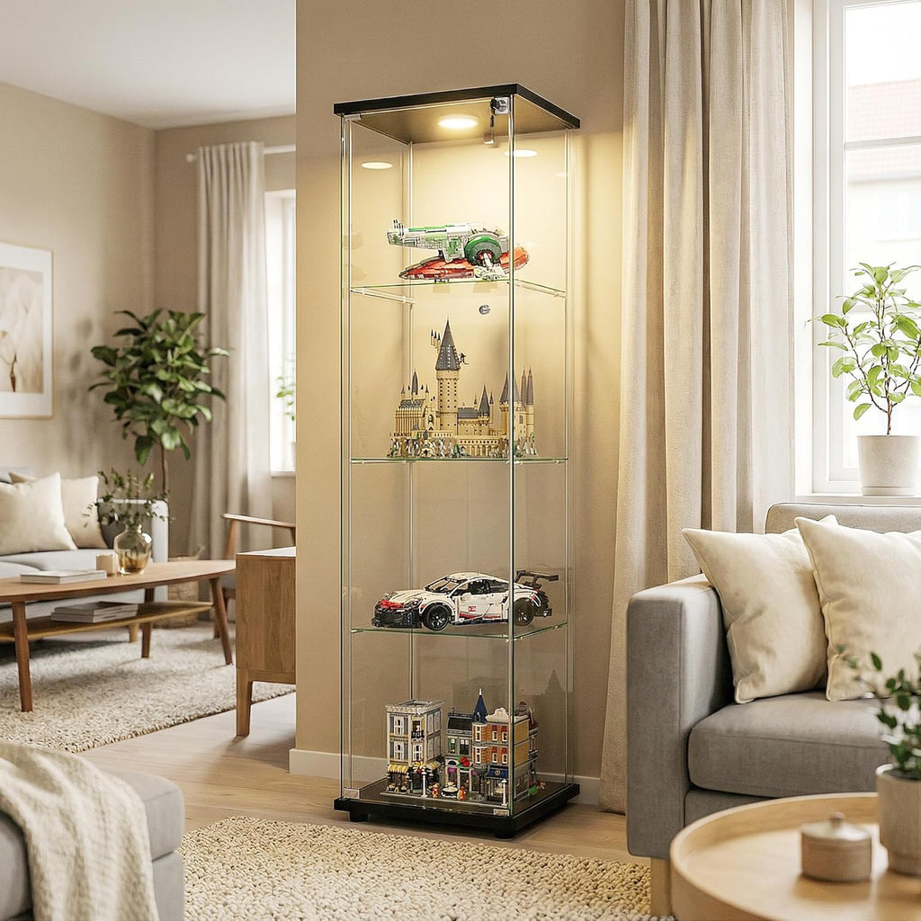 Display Cabinet with Glass Door and LED Light, 4-Shelf Glass Display Case, Curio Cabinet for Collectibles/Toys/Books,Black 64.6" H X 13.6" W X 15.7" L