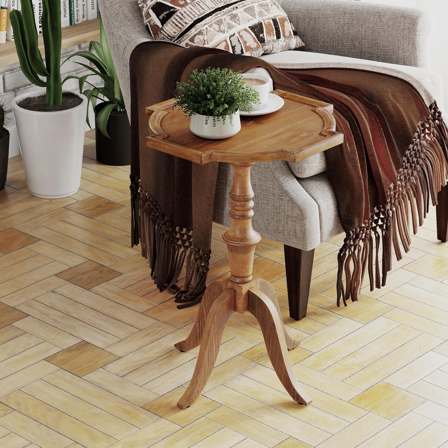 COZAYH Rustic Pedestal End Table, Distressed Farmhouse Side Table with Unique Tray-Style Wooden, Accent End Table for Bedroom, Living Room, Entryway, Brown