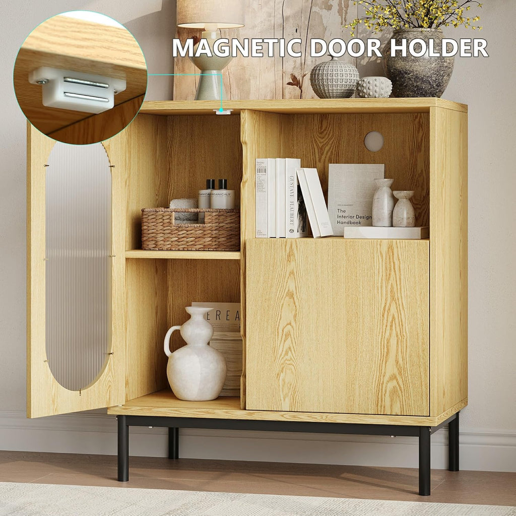 Einhomn Sideboard Buffet Cabinet with Fluted Glass Doors and Adjustable Shelf, Wood Modern Accent Cabinet with Storage for Kitchen, Living Room, Entryway, Natural