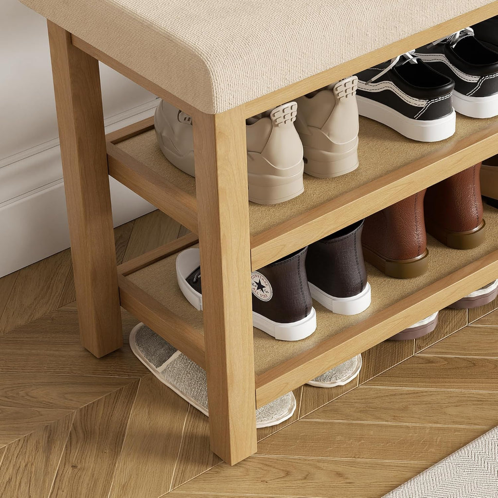 2 Tier Shoe Rack Bench with Cushion, Rubberwood Shoe Benches, Mid-Century Modern Shoe Storage Bench for Entryway, Hallway, Living Room, Closet, Front Door Entrance, Light Brown
