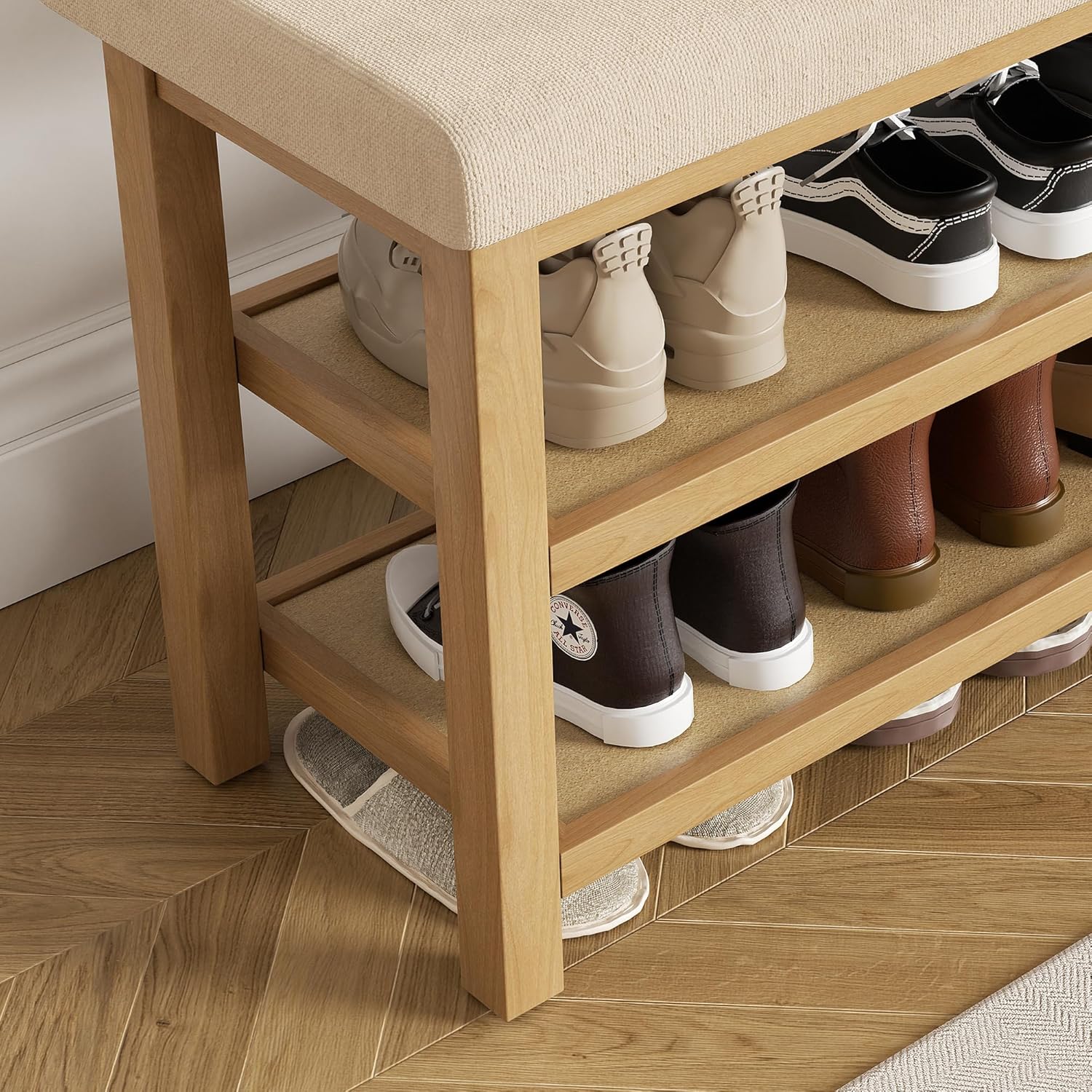 2 Tier Shoe Rack Bench with Cushion, Rubberwood Shoe Benches, Mid-Century Modern Shoe Storage Bench for Entryway, Hallway, Living Room, Closet, Front Door Entrance, Light Brown