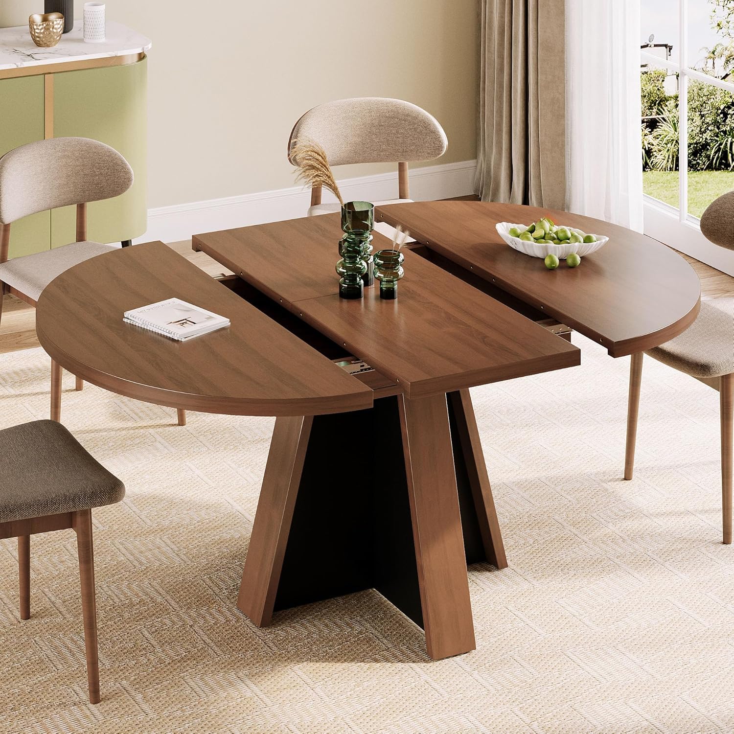 iPormis 43.3in-59in Extendable Round Dining Table for 4-6, Modern Wooden Kitchen Table for Dining Room, Adjustable Size Oval Circle Dinner Tables Furniture for Kitchen Living Room, Walnut Brown